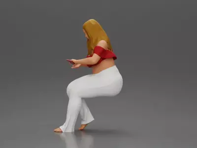 Blonde woman in red top white pants sitting applies hand cream 3D print model