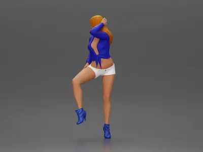 Woman in blue top and white shorts posing on a motorbike 3D print model
