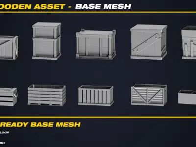 50 Wooden Asset Base Mesh - VOL 06 - Game Ready Low-poly 3D model