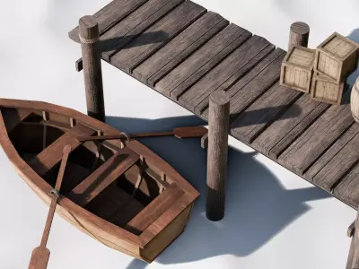 Dock set with boat barrel and crate Low-poly 3D model