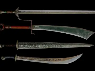 Lowpoly Swords three chinese Free low-poly 3D model