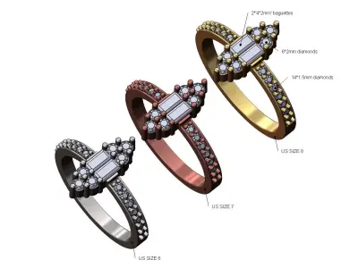 Baguettes diamonds cluster vintag engagement ring 3D print model