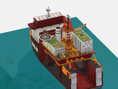 Heavy Lift Vessel with Big Oil Rig Low-poly 3D model