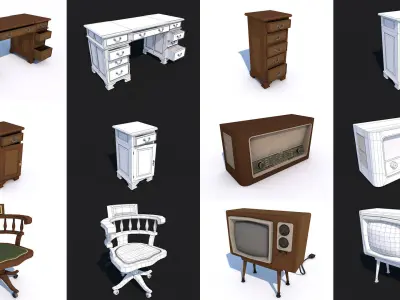 80 Vintage Antique Interior Exterior Furniture Props Collection Low-poly 3D model