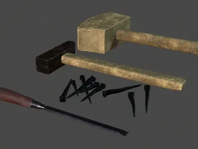  Lowpoly model of tools mallet hammer chisel nails Low-poly 3D model