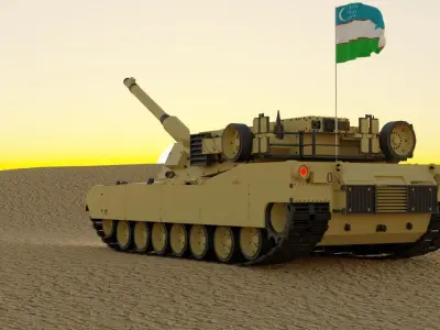 Abrams tank in desert with flag Low-poly 3D model
