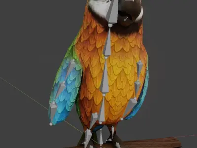 Cartoon Ara Parrot Blue-Yellow-Green Rigged 3D Model Low-poly 3D model