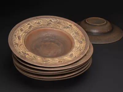 Wide Clay Plate with Floral Ornament Low-poly 3D model