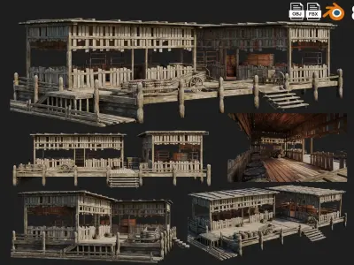 4 Old WoodenStorage Buildings Pack 4K Texture GameReady 81 to 84 Low-poly 3D model