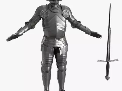 Medieval Knight Gothic Plate Armor Two-Handed Sword T pose Low-poly 3D model