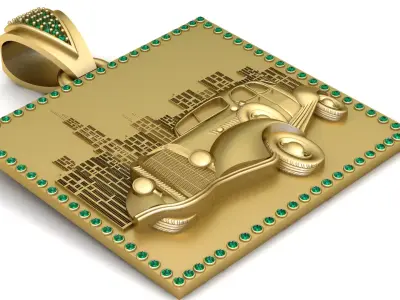Vintage Classic Car Cityscape Pendant with Emerald Frame 3D print model