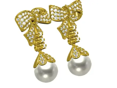 Antique Diamond Bow Pearl Drop Earring 3D print model