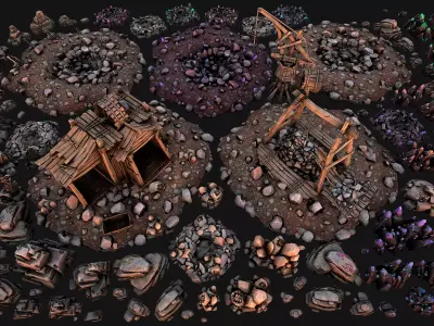 Mine Quarry Crane Industrial Set Crystal Ore Low-poly 3D model