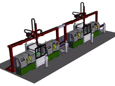 Automated loading and unloading CNC workshop using gantry robots 3D model