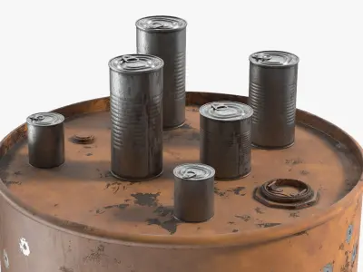 Rusty Oil Barrel with Cans on Top 3D model