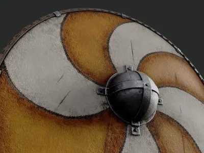 Slavic round leather shield-painted orange and white sun wheel Low-poly 3D model
