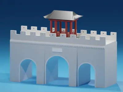 Chinese Stone Bridge Gate and Pavilion Low-poly 3D model