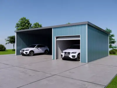 Modern Double Garage with Carport-Metal Shed Storage Building 3D model