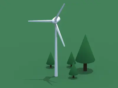 A windmill wind turbine and trees Low-poly 3D model