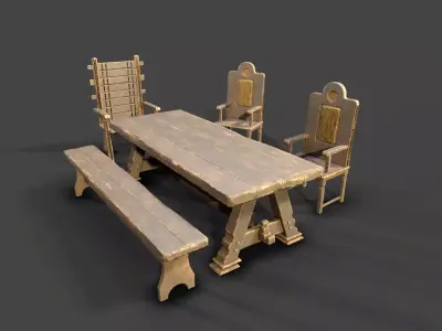 MedievalFurniture three wooden chairs and table Low-poly 3D model
