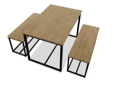 Industrial Style Dining Table with Benches 3D model