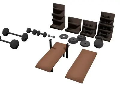 Low Poly Gym Pack Weights Barbel Bench Train workout room Low-poly 3D model