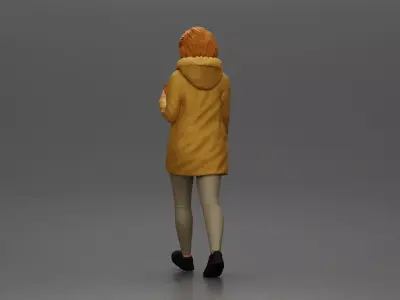 Woman walks sipping takeout drink wearing parka sweater leggings 3D print model