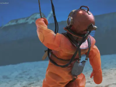 Old Copper Diving Suit and White Shark 3D model