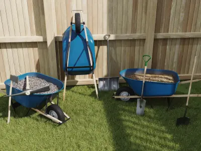 Outdoor Tools And Wheelbarrow Low-poly 3D model