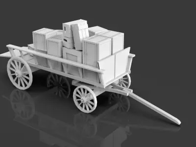 Low Poly Medieval Wagon With Crates - Untextured  Low-poly 3D model