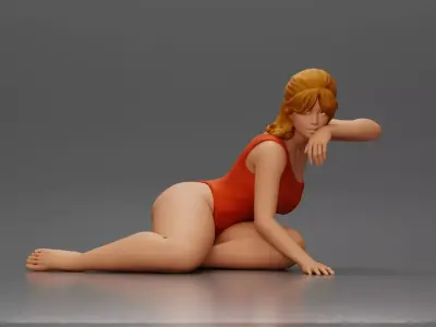 attractive woman in red swimsuit resting calmly on the beach 3D print model