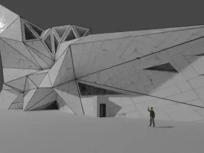 Low poly scifi arctic building white chaotic crazy panels large Free 3D model