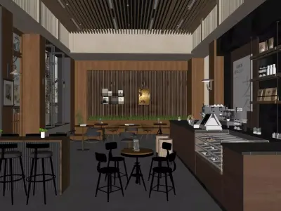 coffee shop blending industrial and wabi-sabi styles 3D model