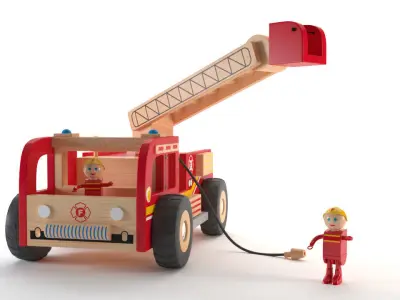 Fireman Truck Wood Toy - Camion de pompiers en bois - Jouet Low-poly 3D model