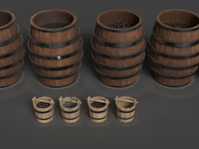 Barrels And Buckets  Free low-poly 3D model