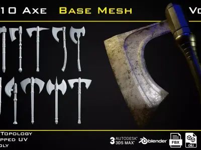 10 Axe BASE MESH - VOL 01 -Game Ready- Low-poly 3D model