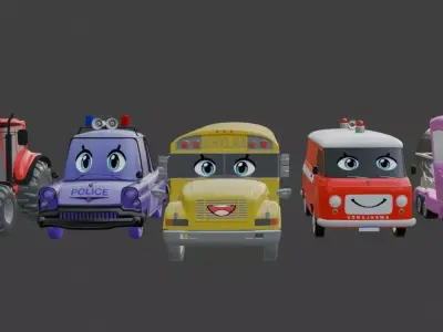 Rhymes Car Animated Five Cute Cartoon Vehicles 3D model