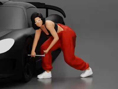 Girl mechanic in overalls removing the wheel car 3D print model