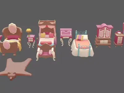 Stylized Cartoon Vintage Bedroom Set Low-poly 3D model