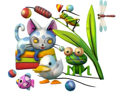 Cartoon 3D illustration Cat Duck Frog Fish Low-poly 3D model