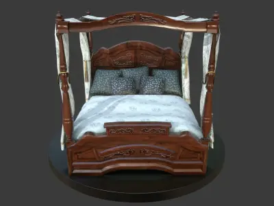 Vintage Bed With Curtains Low-poly 3D model