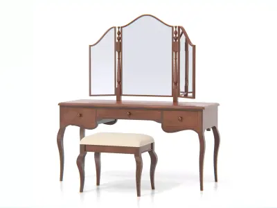 Antique Wooden Vanity Table with Tri-Fold Mirror and Stool Low-poly 3D model