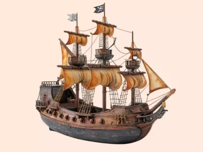 Stylized Pirate Ship 3D Model Cartoon Fantasy Sailing Boat 3D model