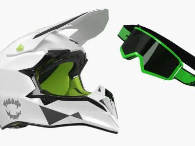  Offroad Motocross Helmet with Green Goggles White 
