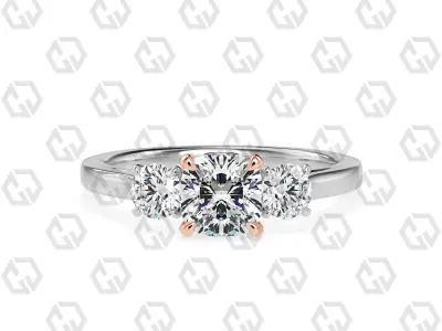 Ring 112 Cushion Shape Cathedral shank 3 stone ring with round 3D print model