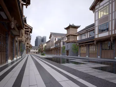 Chinese commercial street Low-poly 3D model