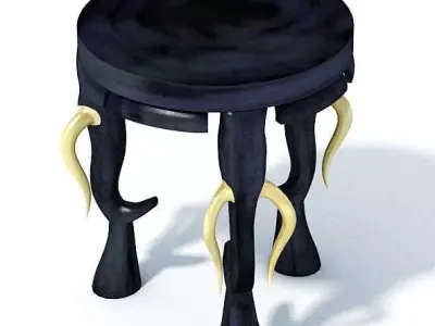 Antique Black Velvet African Foot Stool With White Ivory Horns 3D model