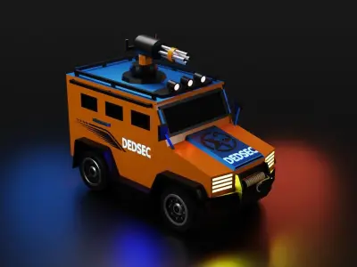 lowpoly car orange toy vehicle with gun on top Free low-poly 3D model