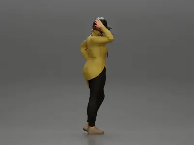 Asian girl in a neck hoodie and cap is standing and thinking 3D print model