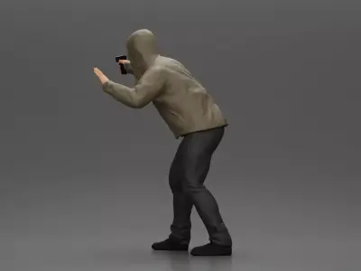 Man in hoodie pointing gun while raising hand in defensive 3D print model